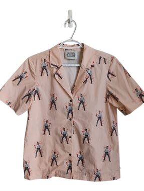 Scotch & Soda Peach Short-Sleeve AOP Elvis  Presley Camp Shirt Medium Music